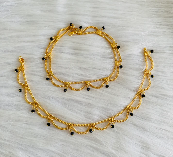 Gold Tone Black Beaded Anklets